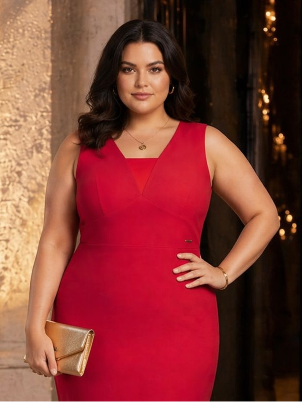 Van Heusen Red V-Neck Midi Dress Size L Cocktail Career Wedding Guest